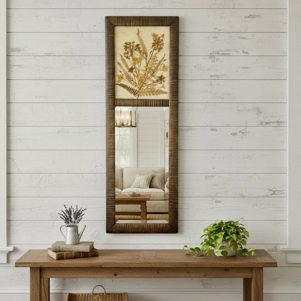 Rare Vintage Dried Pressed Botanical Floral 70s Boho Farmhouse Beveled Mirror